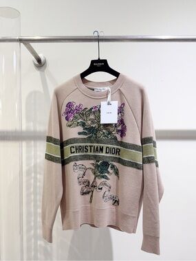 Dior Cream Pink Floral Logo Crewneck Sweater